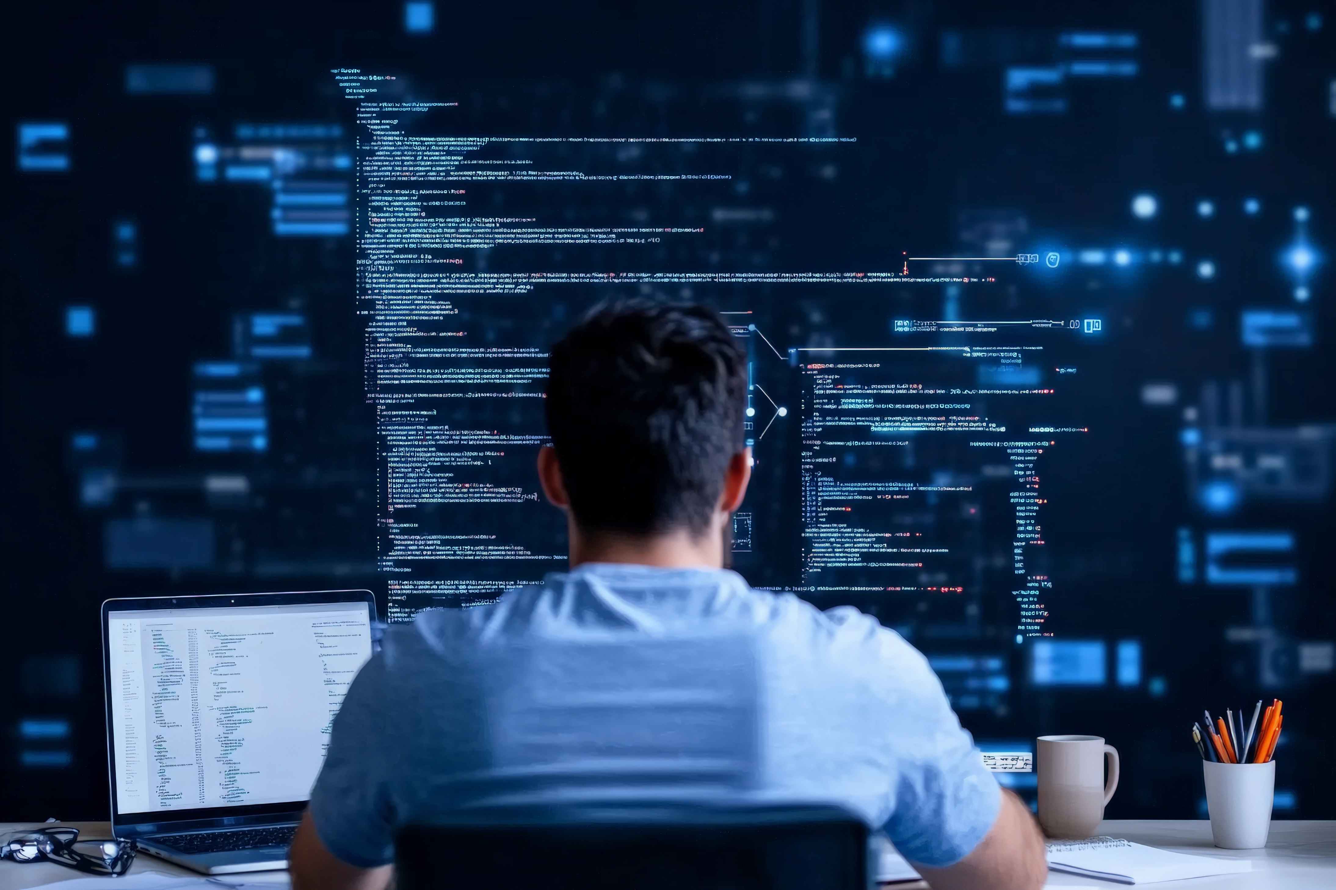 Programmierer arbeitet an komplexem Code auf mehreren Bildschirmen