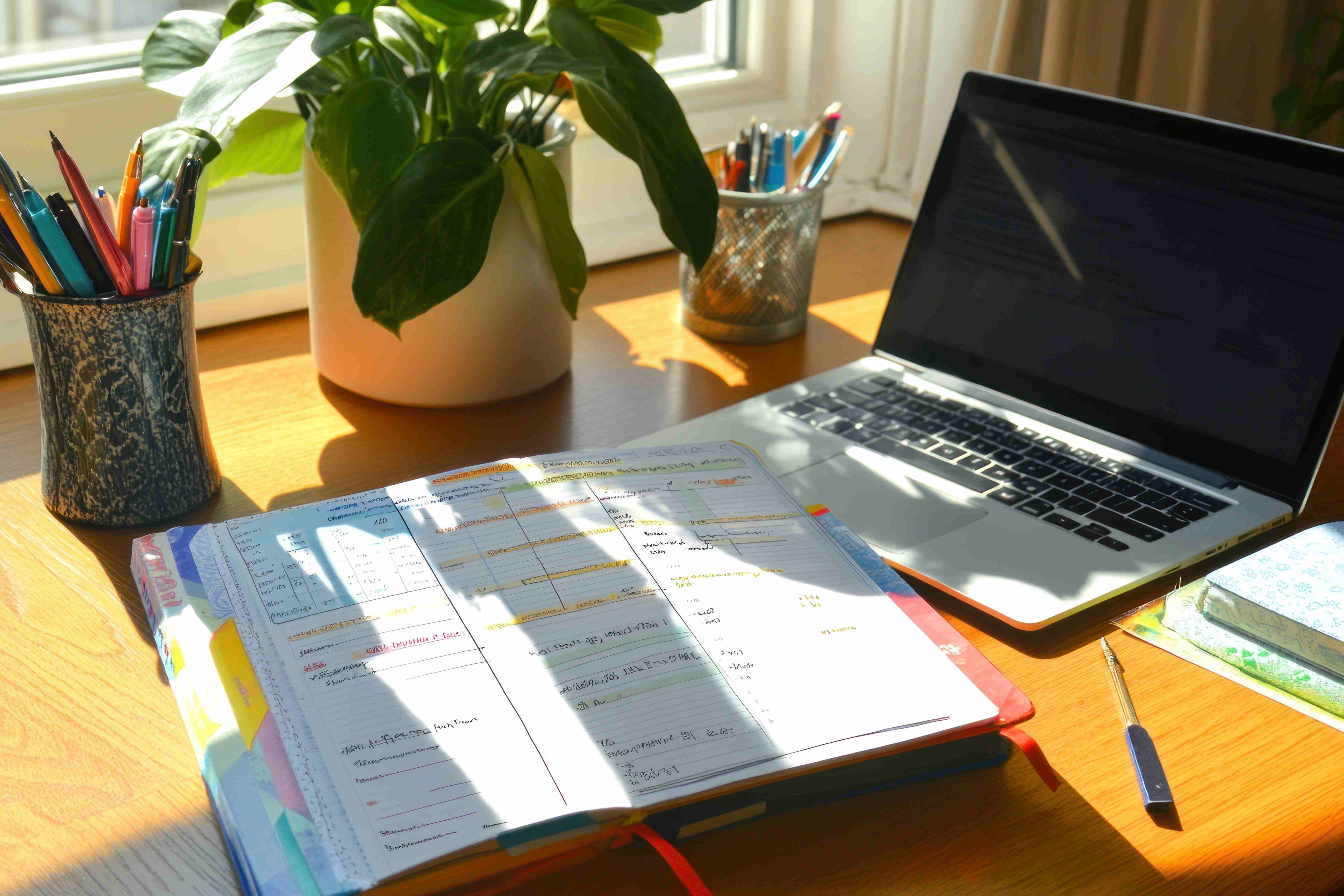 Laptop, Terminplaner, Stifte und eine Pflanze auf einem sonnendurchfluteten Holzschreibtisch für einen produktiven Arbeitsplatz.