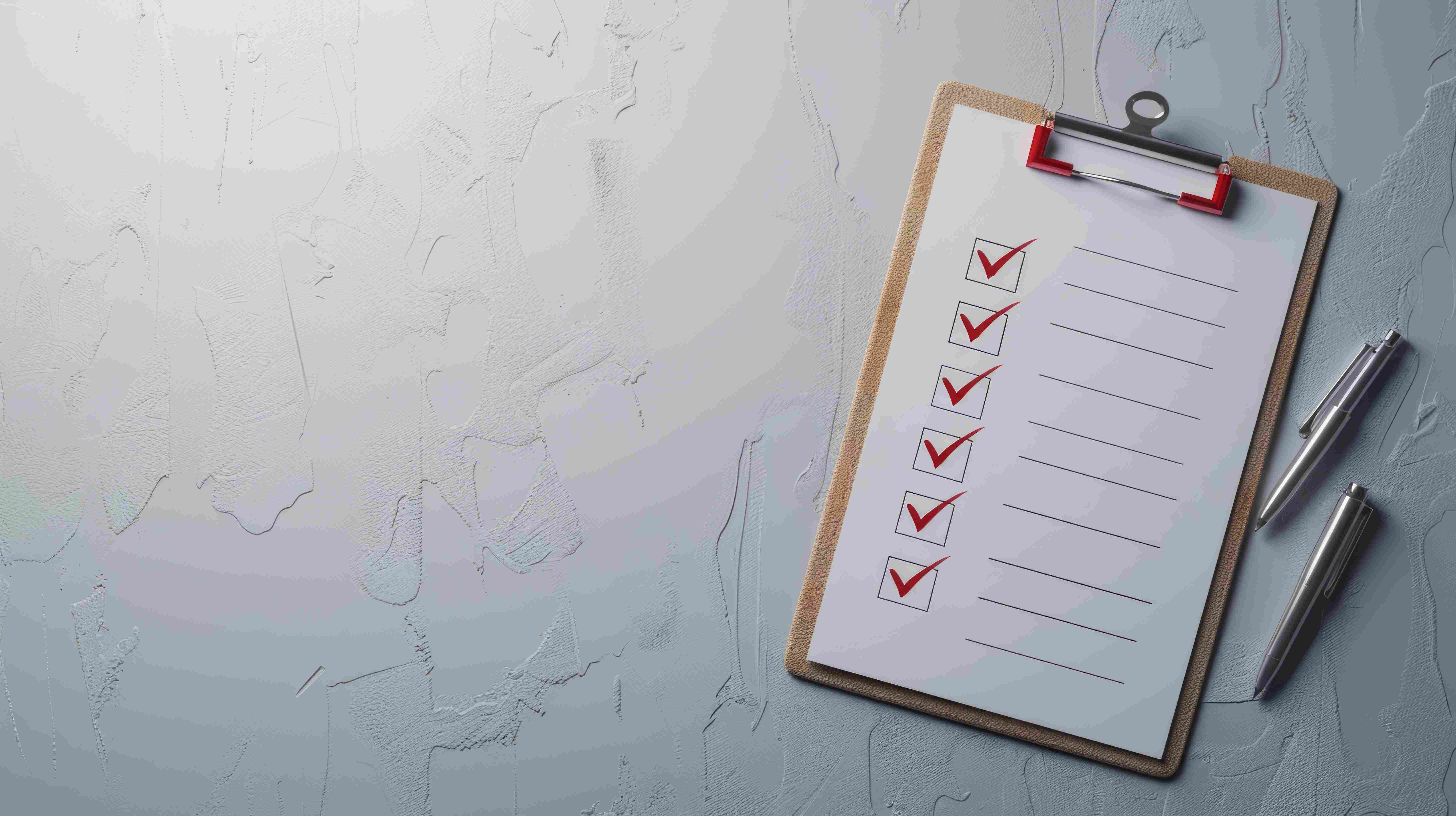 Klemmbrett mit Checkliste und roten Häkchen vor einem hellgrauen Hintergrund