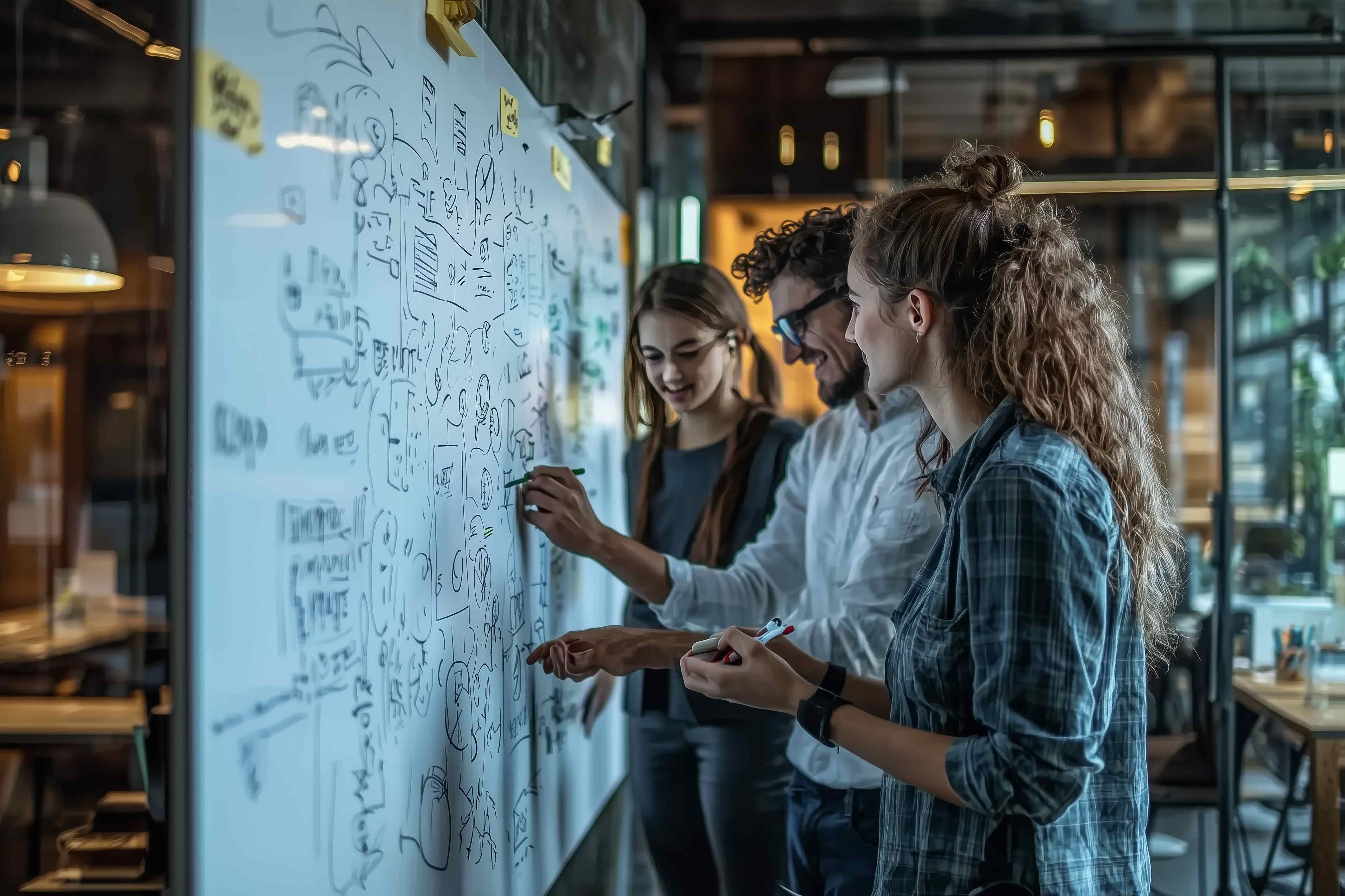 Team entwickelt Ideen an einem Whiteboard im Büro und betont Kreativität und Zusammenarbeit