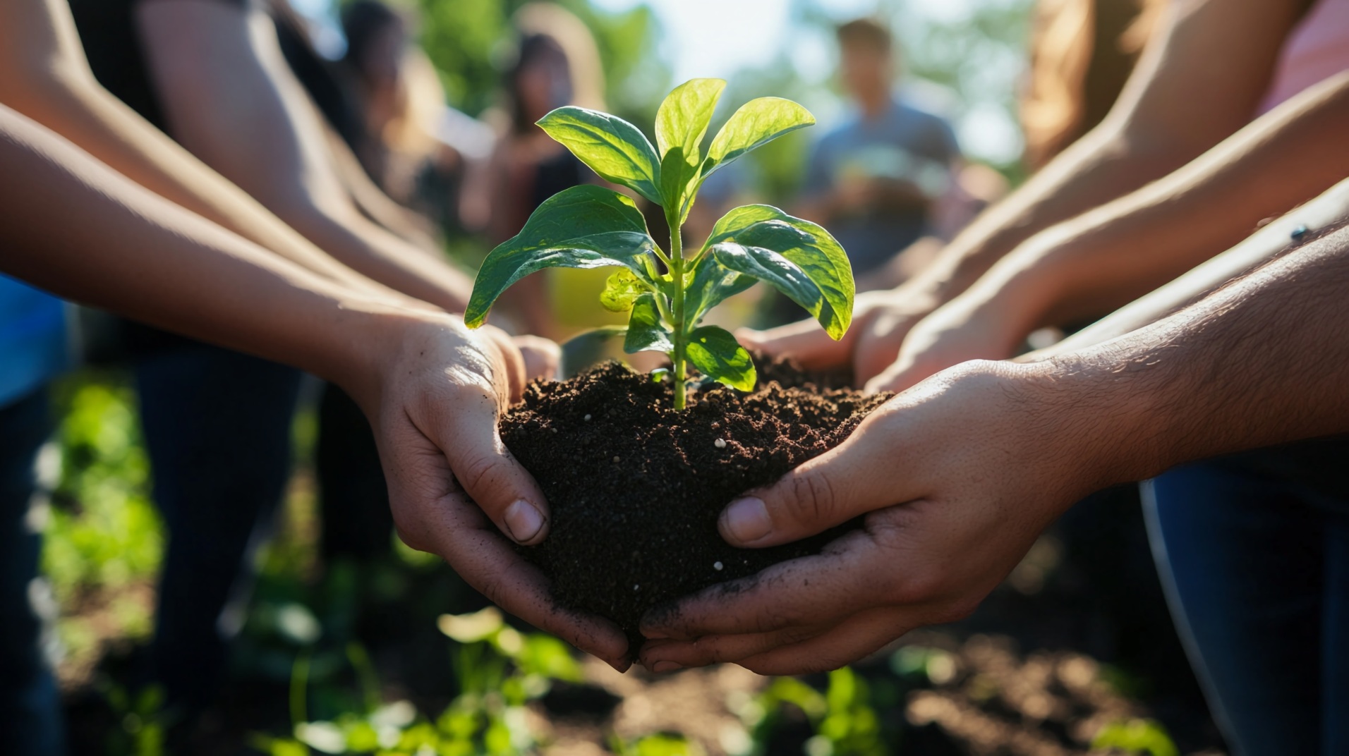  Multiple hands holding soil with a young green plant, symbolizing teamwork, growth, and environmental care