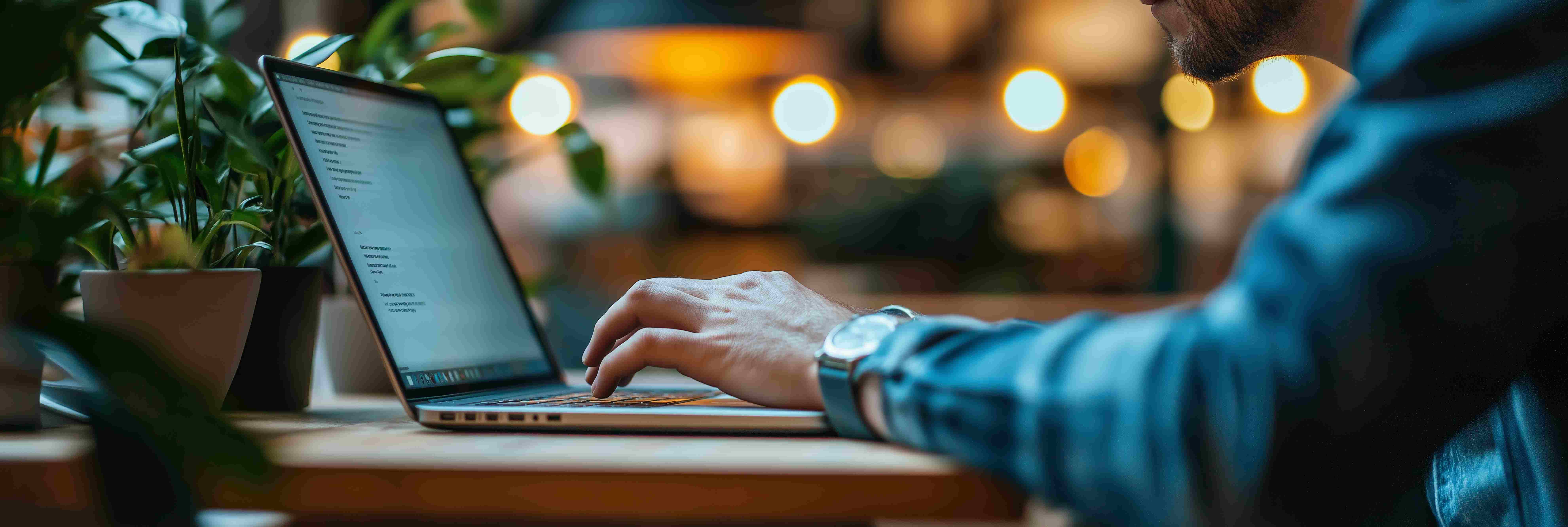 Person tippt auf Laptop in gedämpft beleuchtetem Arbeitsbereich mit unscharfen Lichtern und Pflanzen im Hintergrund