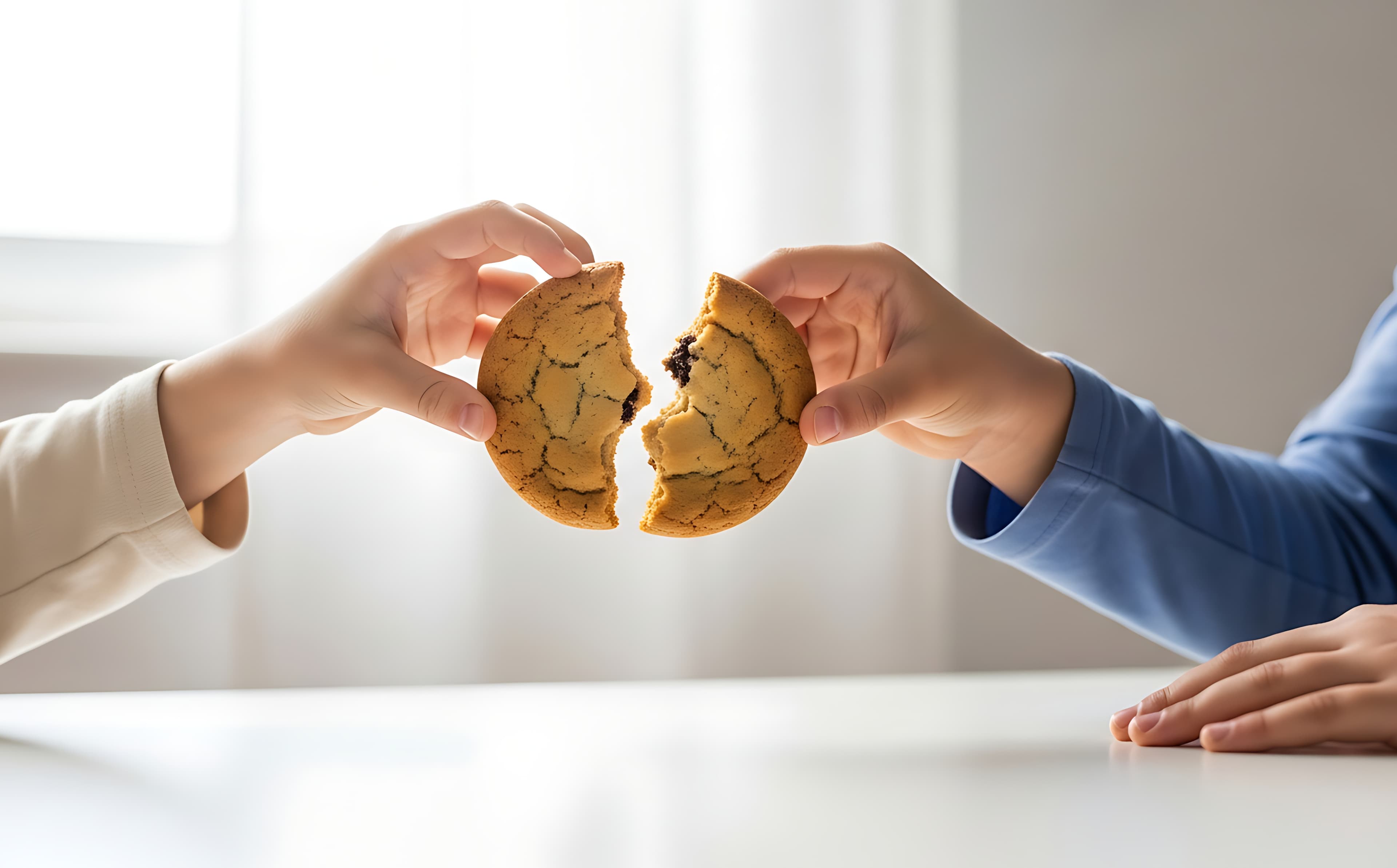 Two friends sharing a cookie