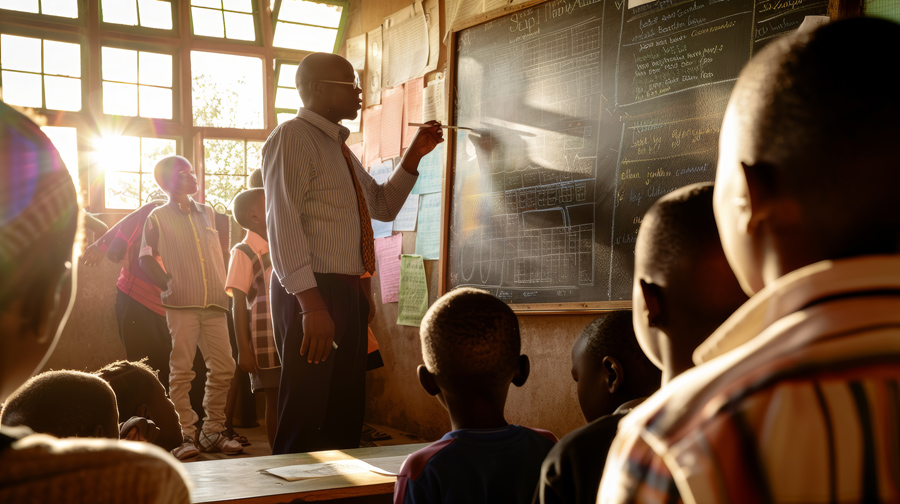 Afrikanischer Lehrer schreibt an die Tafel und erklärt den Schülern eine Lektion in einem sonnenbeschienenen Klassenzimmer.