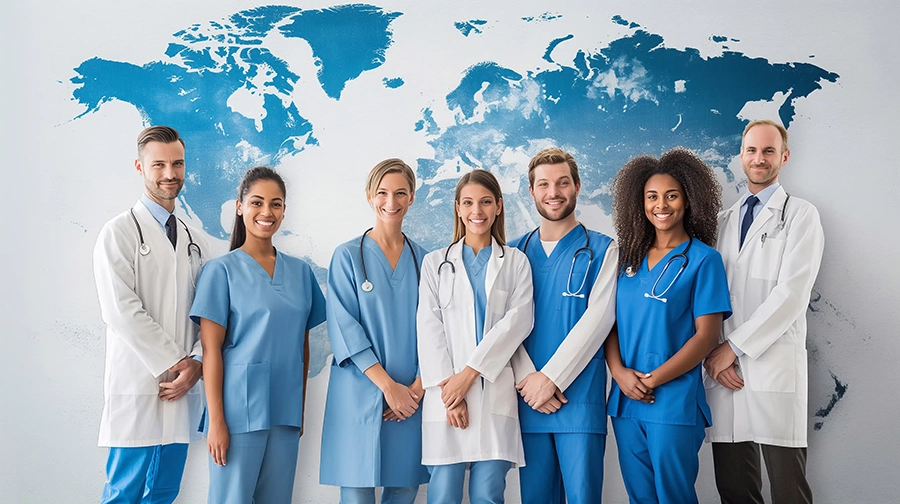 Diverse Gruppe von Ärzten und Krankenschwestern steht gemeinsam vor einer Weltkarte, was globale Zusammenarbeit im Gesundheitswesen symbolisiert.
