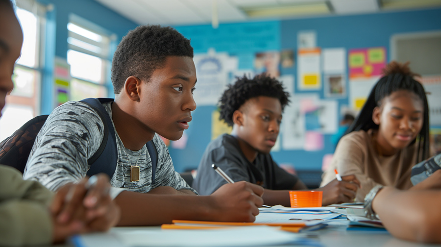 Konzentrierte afroamerikanische Schüler nehmen aktiv an einer Lerneinheit im Klassenzimmer teil. 