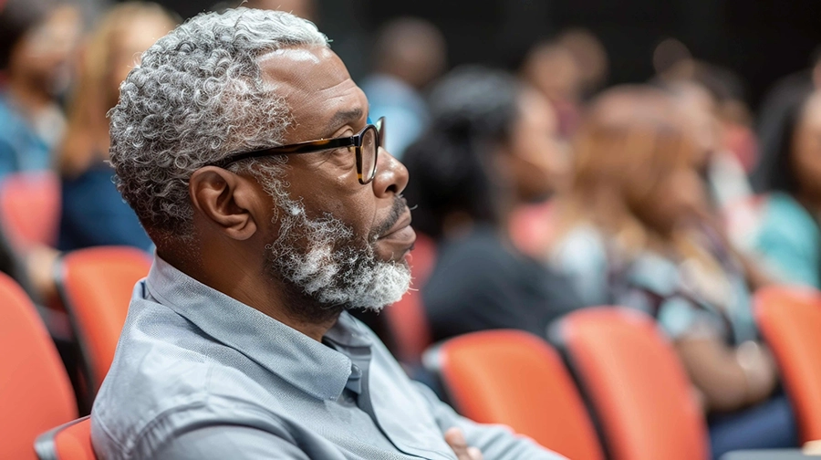  Afroamerikanischer Mann mit Brille spricht auf einer öffentlichen Veranstaltung über Gesundheit und Wellness