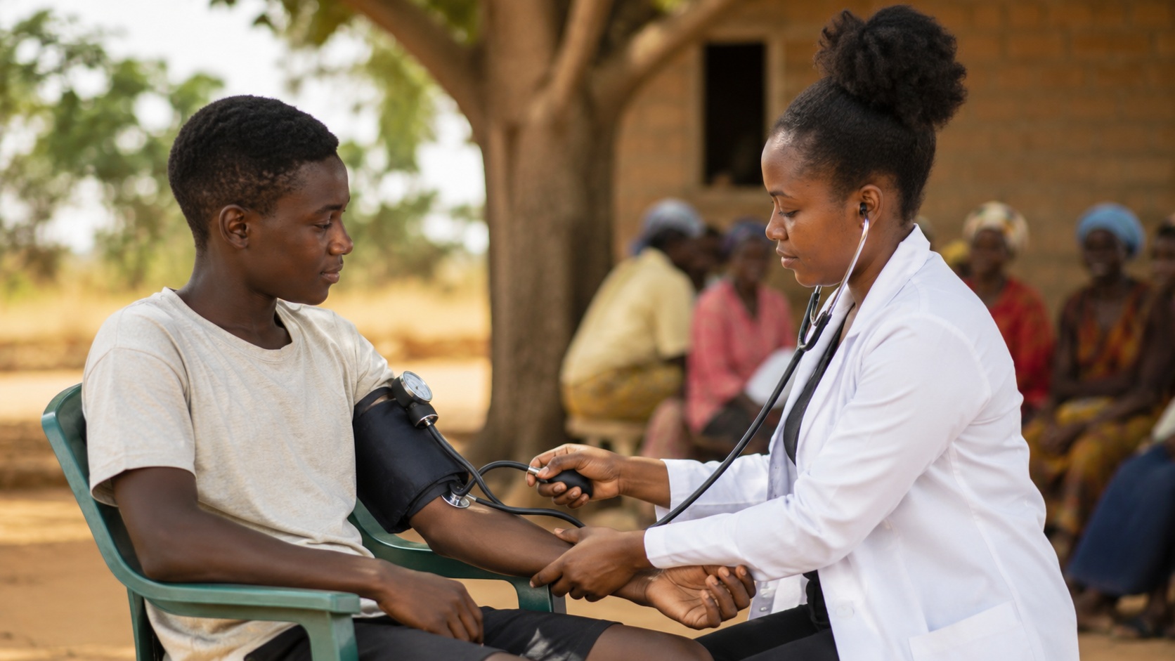 Irine from Tanzania getting blood pressure of a young boy