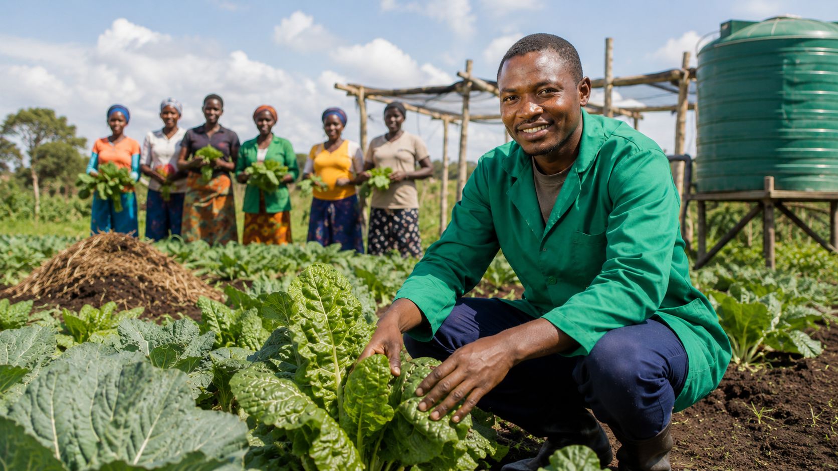 Joseph from Kenya in their farm land holding a latus