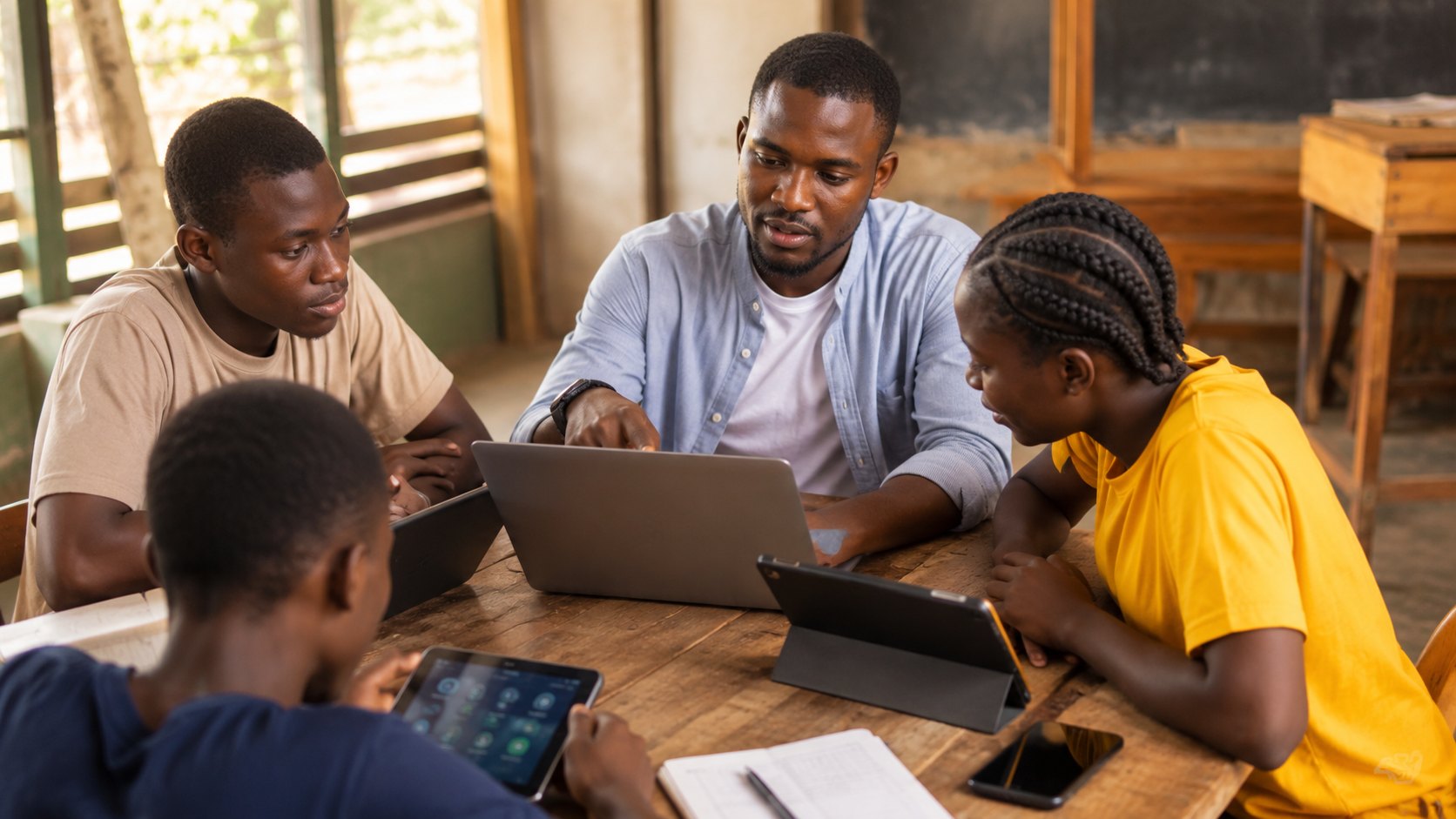 Somona from Ghana teaching technology literacy to students around a table with a laptop