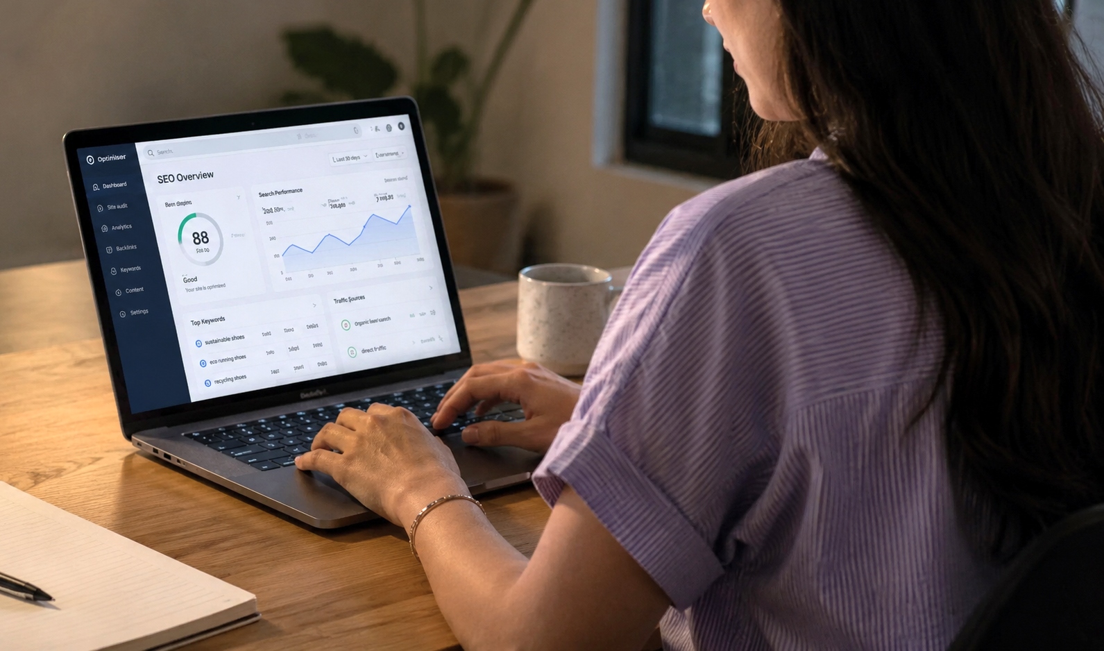 A woman picture from her back working with her laptop at a desk