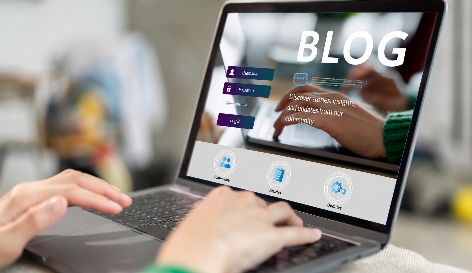 laptop blog interface with hands typing