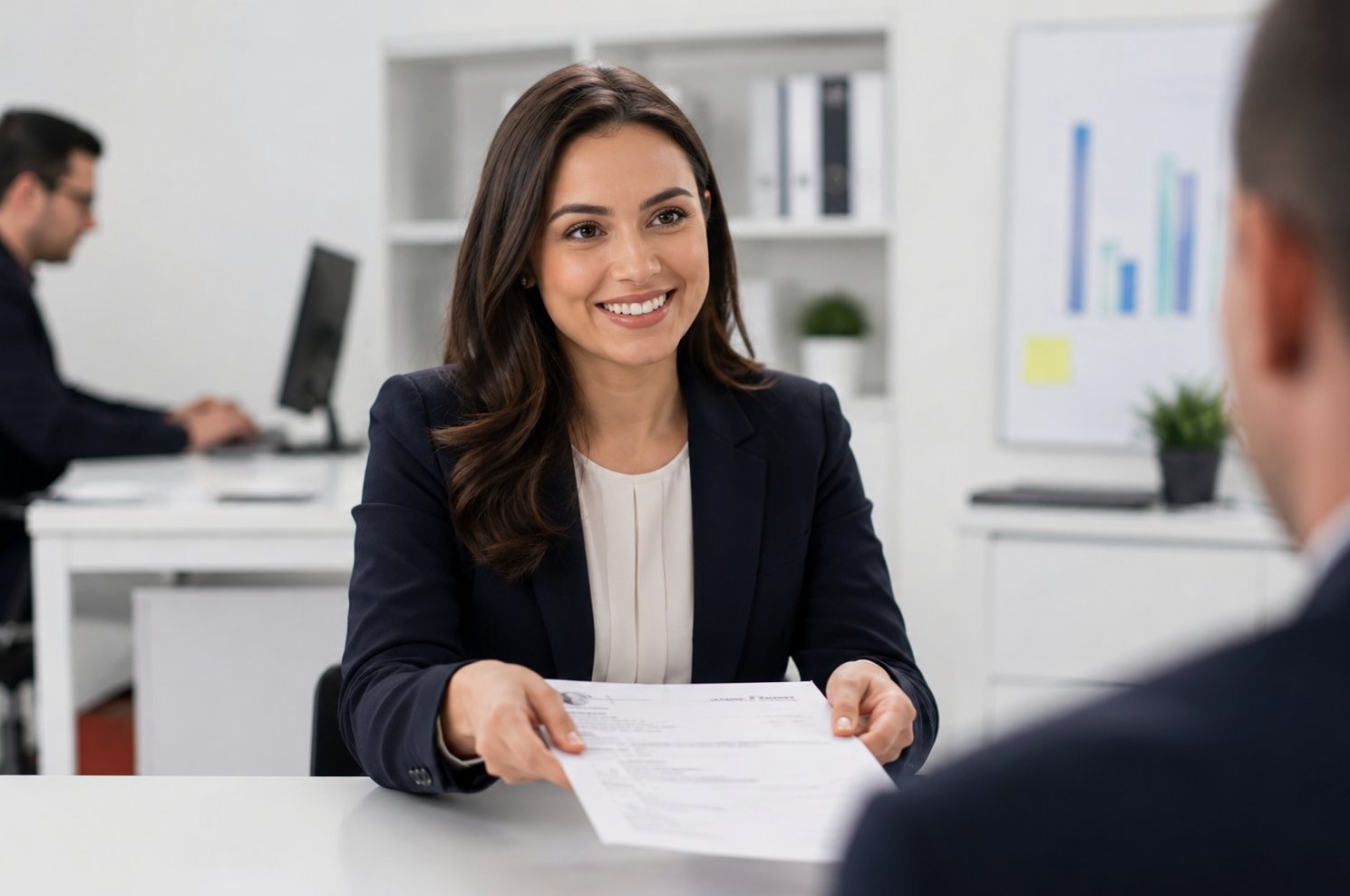 Young woman in a professional office setting handing her resume