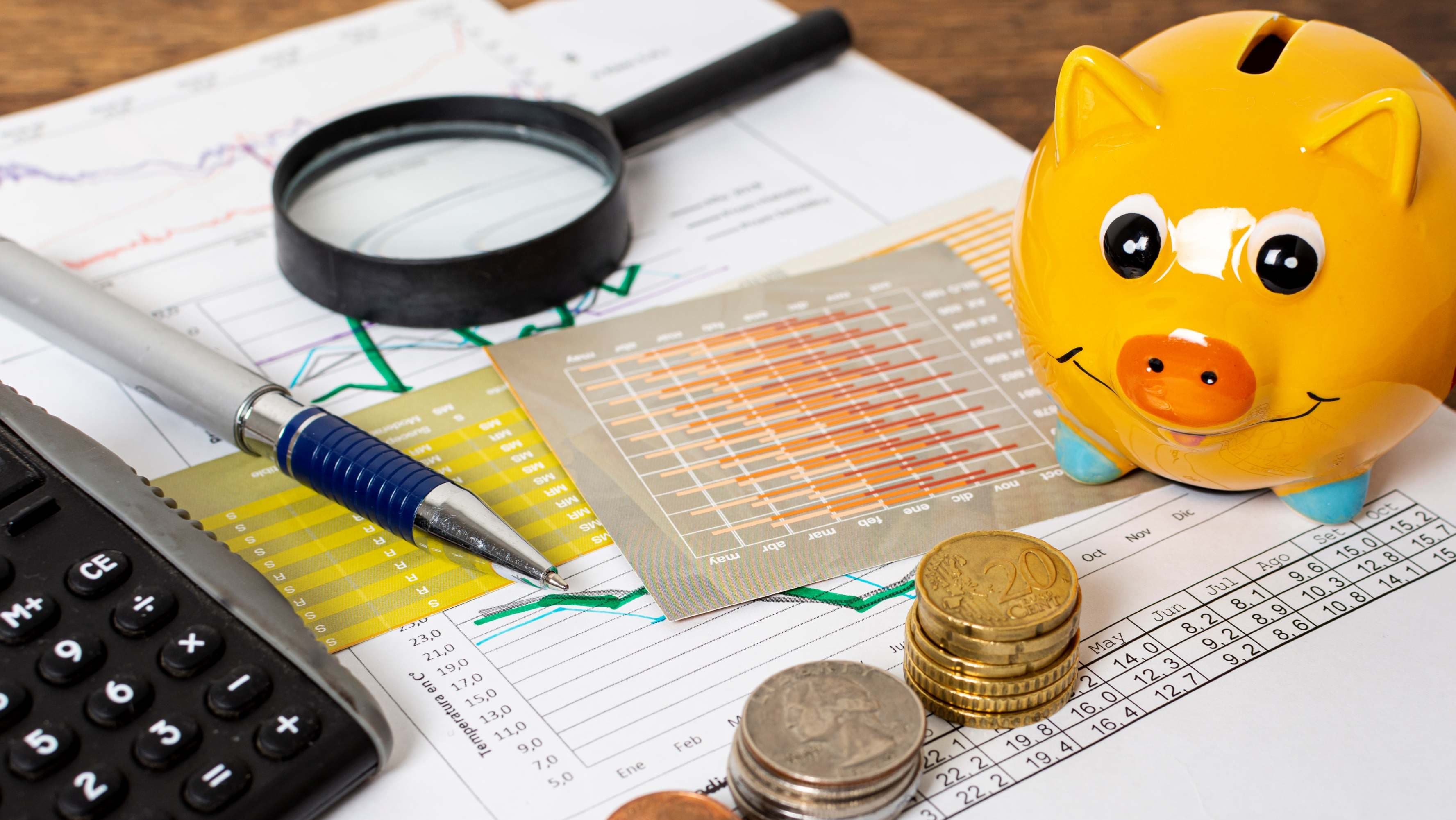 Sparschwein, Münzstapel und Finanzplaner-Papier mit einem Stift