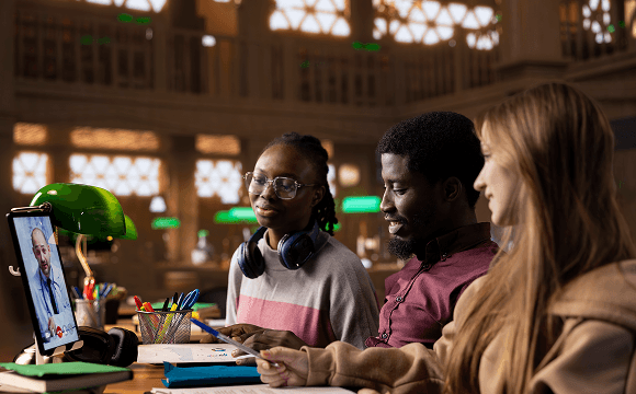 Students engaging in volunteer opportunities through time donation via video call.